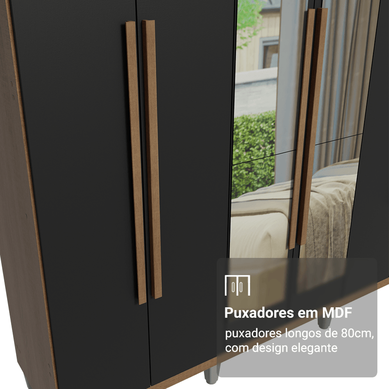Guarda-Roupa Casal com Pés 6 Portas Batentes com Espelho Rustic/Preto/Rustic Venus Madesa