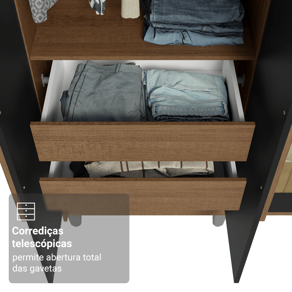 Guarda-Roupa Casal com Pés 6 Portas Batentes com Espelho Rustic/Preto/Rustic Venus Madesa