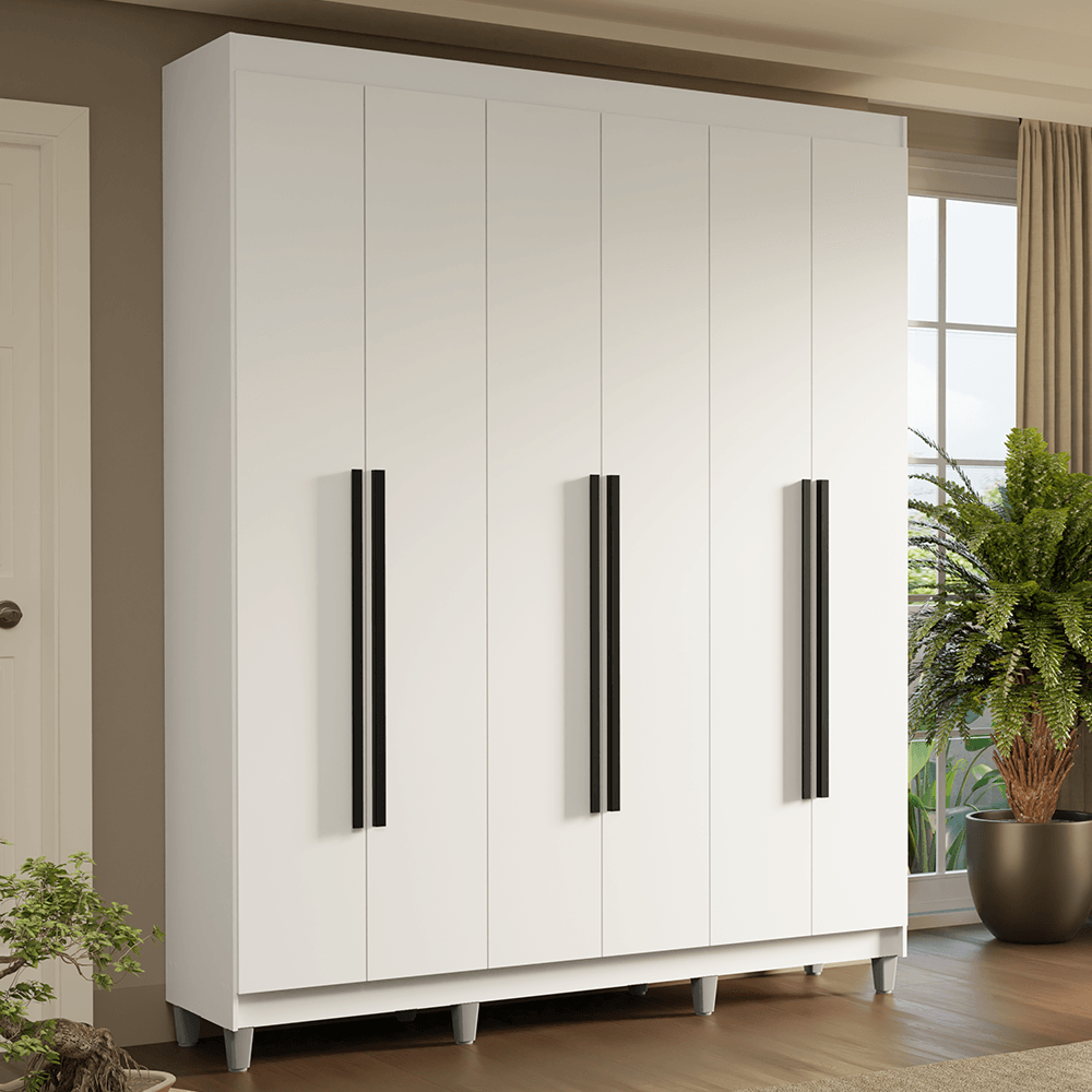 Guarda-Roupa Casal com Pés 6 Portas Batentes Branco/Branco/Preto Saturno Madesa - Branco/Branco/Preto