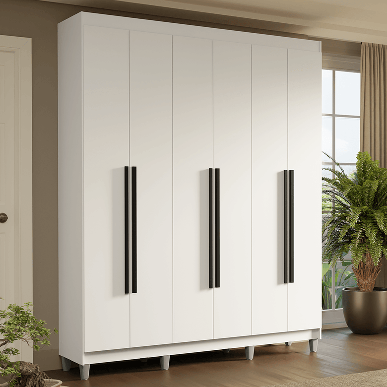 Guarda-Roupa Casal com Pés 6 Portas Batentes Branco/Branco/Preto Saturno Madesa