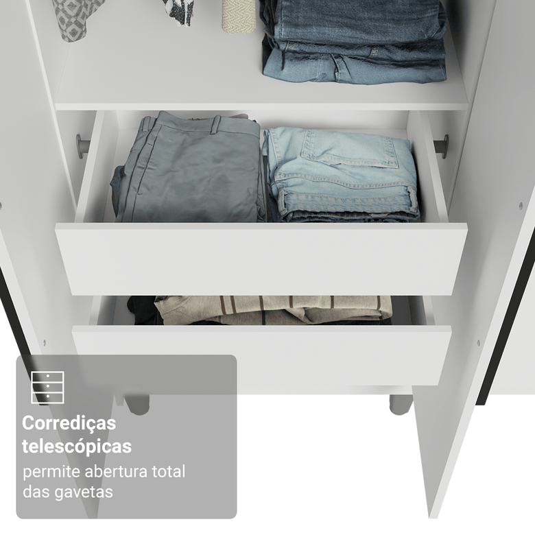 Guarda-Roupa Casal com Pés 6 Portas Batentes Branco/Branco/Preto Saturno Madesa