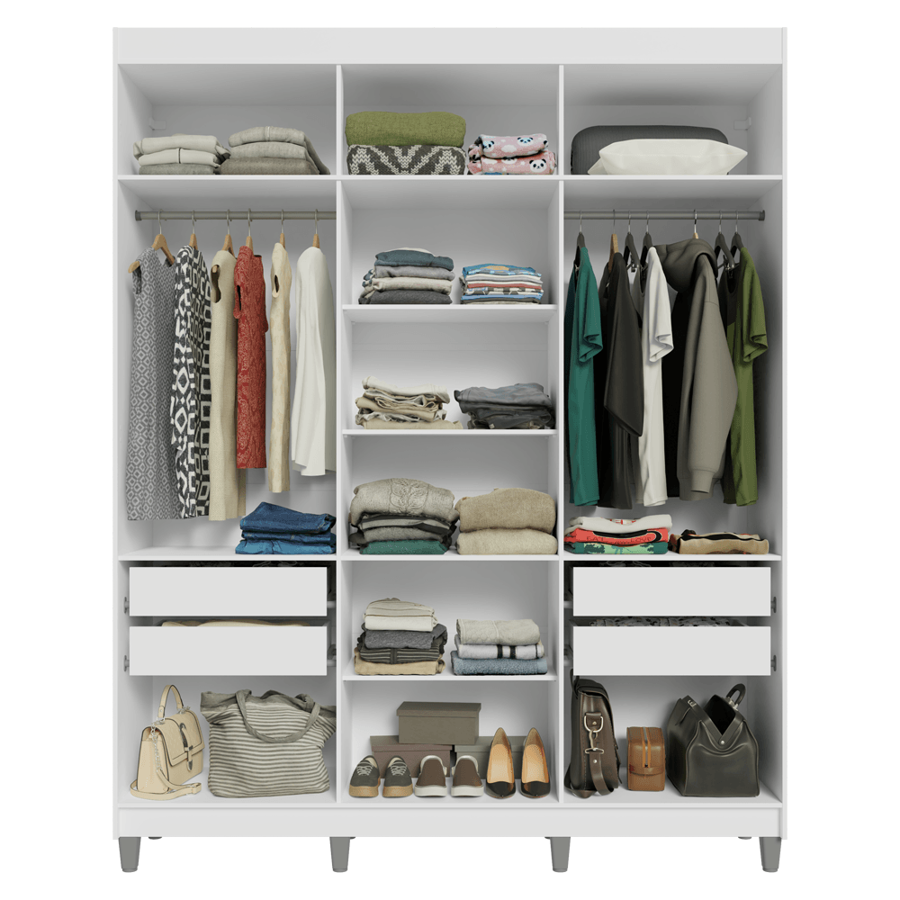 Guarda-Roupa Casal com Pés 6 Portas Batentes Branco/Branco/Preto Saturno Madesa
