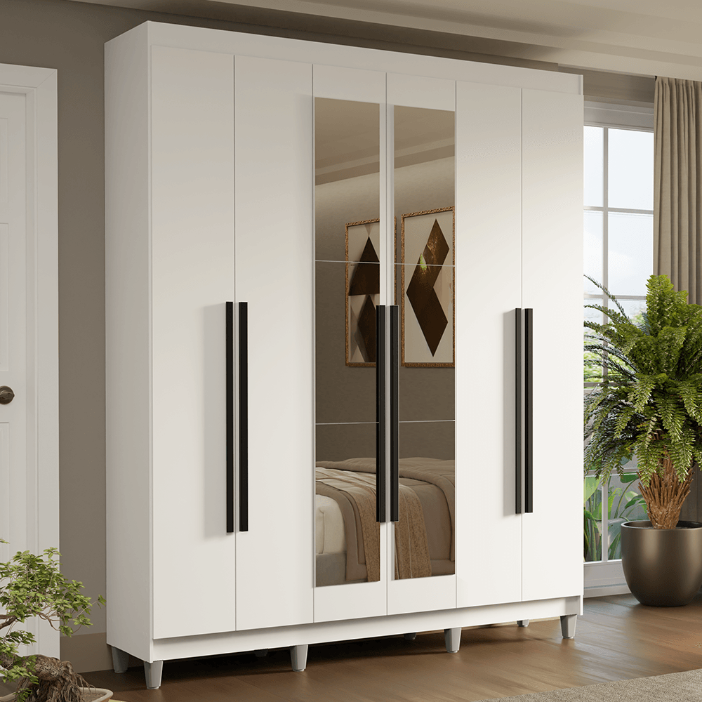Guarda-Roupa Casal com Pés 6 Portas Batentes com Espelho Branco/Branco/Preto Saturno Madesa - Branco/Branco/Rustic