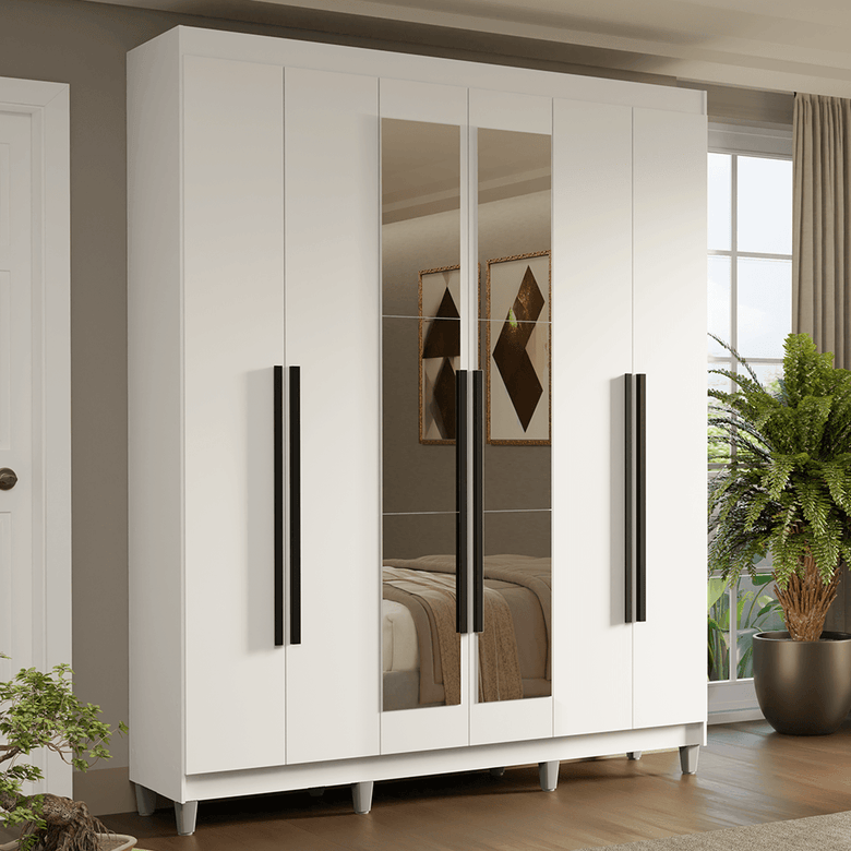 Guarda-Roupa Casal com Pés 6 Portas Batentes com Espelho Branco/Branco/Preto Saturno Madesa