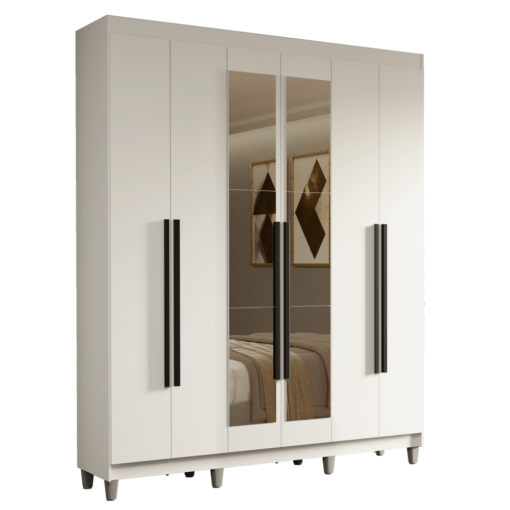 Guarda-Roupa Casal com Pés 6 Portas Batentes com Espelho Branco/Branco/Preto Saturno Madesa - Branco/Branco/Rustic