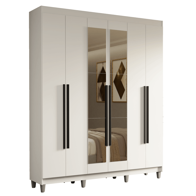 Guarda-Roupa Casal com Pés 6 Portas Batentes com Espelho Branco/Branco/Preto Saturno Madesa