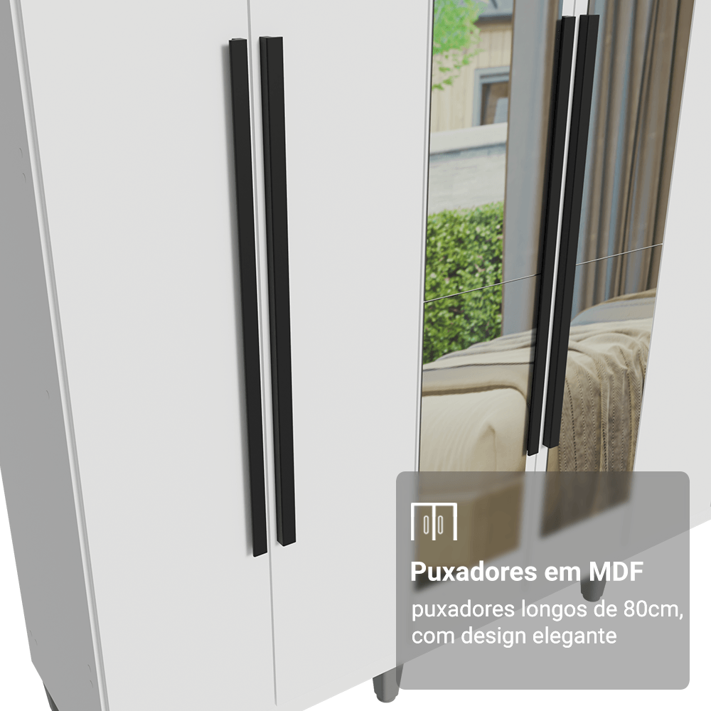 Guarda-Roupa Casal com Pés 6 Portas Batentes com Espelho Branco/Branco/Preto Saturno Madesa