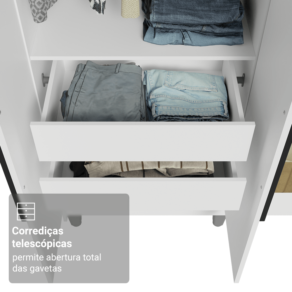 Guarda-Roupa Casal com Pés 6 Portas Batentes com Espelho Branco/Branco/Preto Saturno Madesa