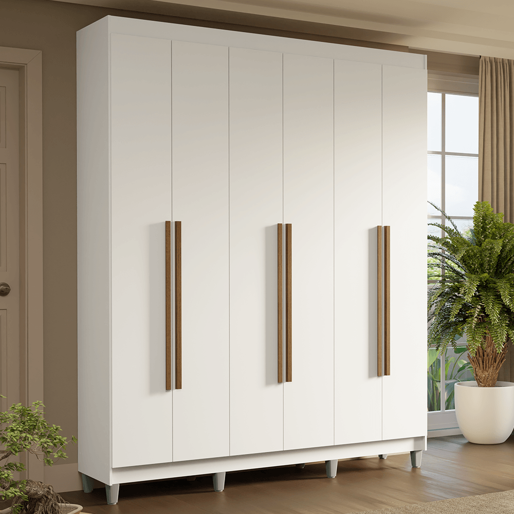 Guarda-Roupa Casal com Pés 6 Portas Batentes Branco/Branco/Rustic Saturno Madesa - Branco/Branco/Rustic