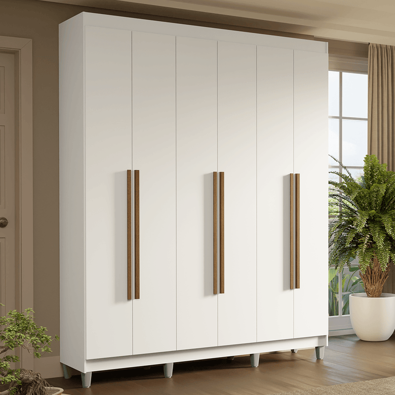 Guarda-Roupa Casal com Pés 6 Portas Batentes Branco/Branco/Rustic Saturno Madesa