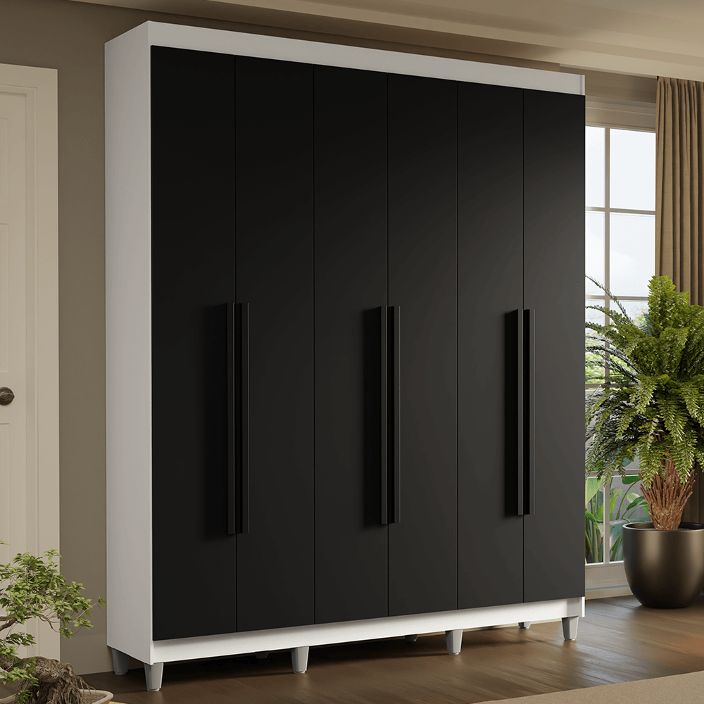 Guarda-Roupa Casal com Pés 6 Portas Batentes Branco/Preto/Preto Saturno Madesa - Branco/Preto/Preto