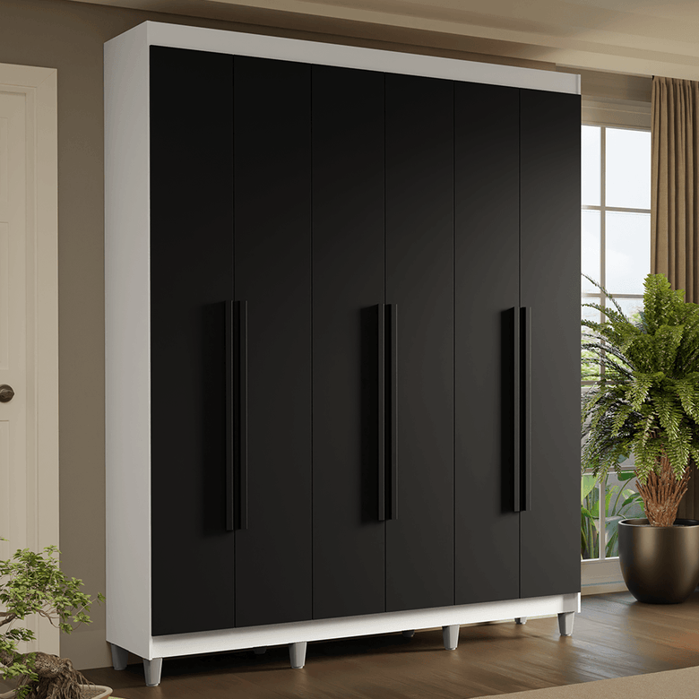 Guarda-Roupa Casal com Pés 6 Portas Batentes Branco/Preto/Preto Saturno Madesa