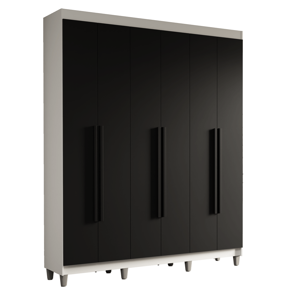 Guarda-Roupa Casal com Pés 6 Portas Batentes Branco/Preto/Preto Saturno Madesa - Branco/Preto/Preto