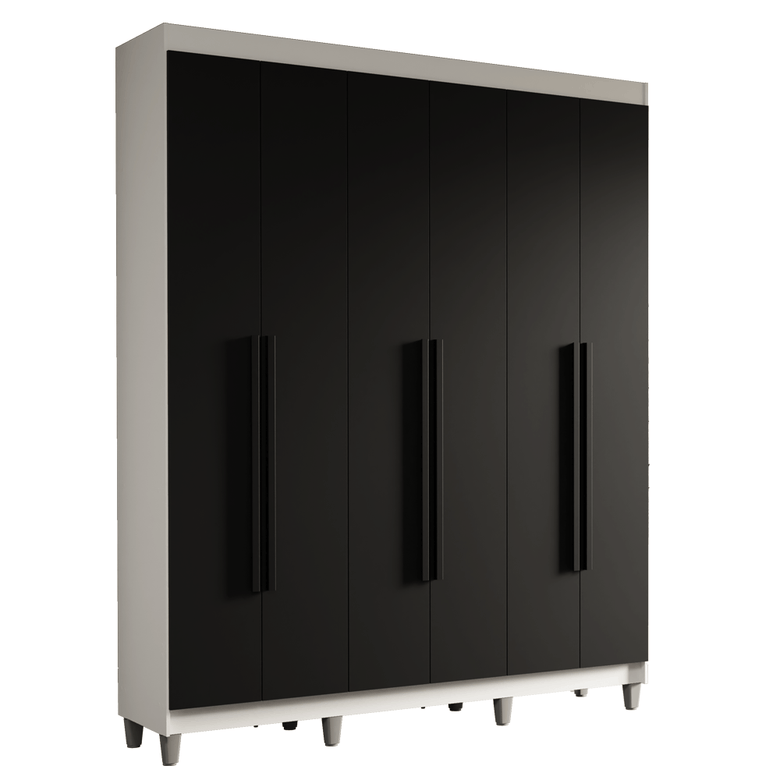 Guarda-Roupa Casal com Pés 6 Portas Batentes Branco/Preto/Preto Saturno Madesa