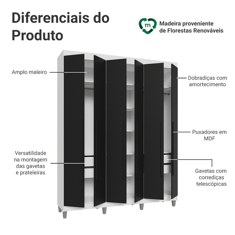 Guarda-Roupa Casal com Pés 6 Portas Batentes Branco/Preto/Preto Saturno Madesa