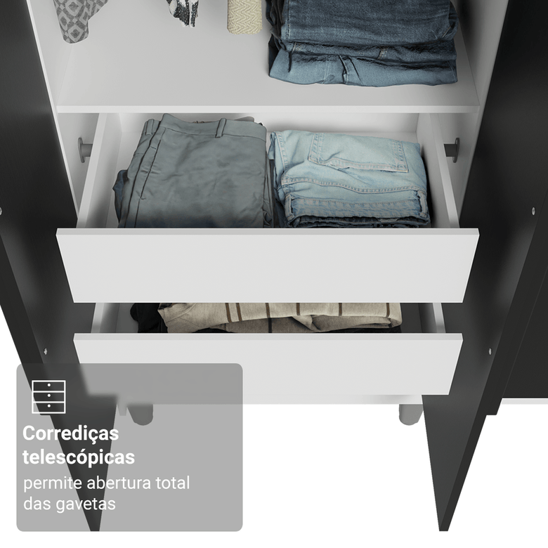Guarda-Roupa Casal com Pés 6 Portas Batentes Branco/Preto/Preto Saturno Madesa
