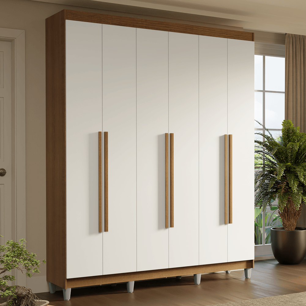 Guarda-Roupa Casal com Pés 6 Portas Batentes Rustic/Branco/Rustic Saturno Madesa - Rustic/Branco/Rustic