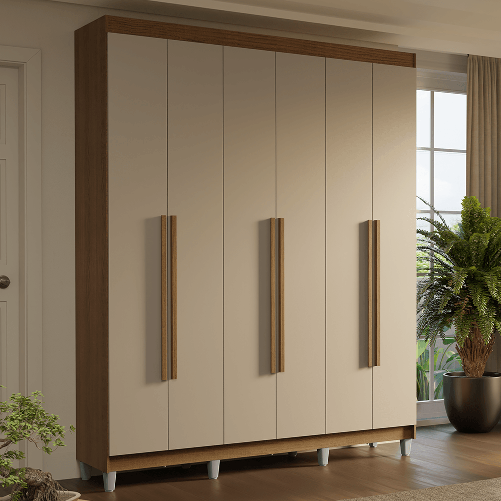 Guarda-Roupa Casal com Pés 6 Portas Batentes Rustic/Crema/Rustic Saturno Madesa - Rustic/Crema/Rustic