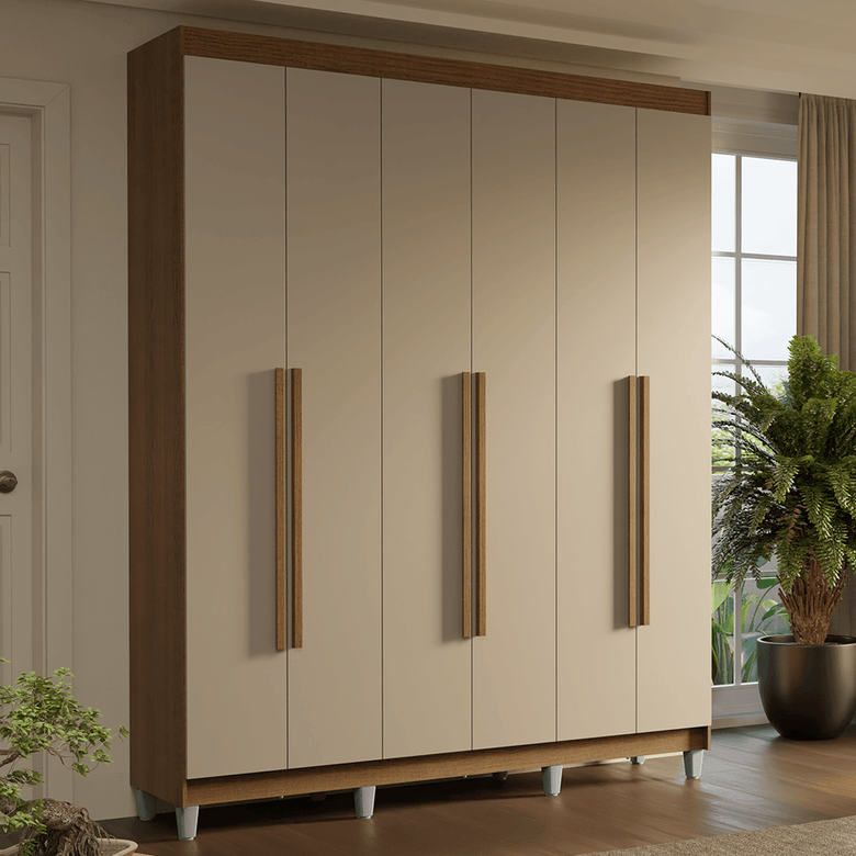 Guarda-Roupa Casal com Pés 6 Portas Batentes Rustic/Crema/Rustic Saturno Madesa