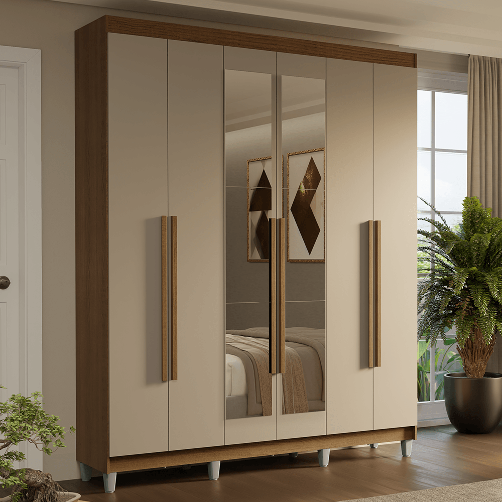 Guarda-Roupa Casal com Pés 6 Portas Batentes com Espelho Rustic/Crema/Rustic Saturno Madesa - Rustic/Preto/Preto