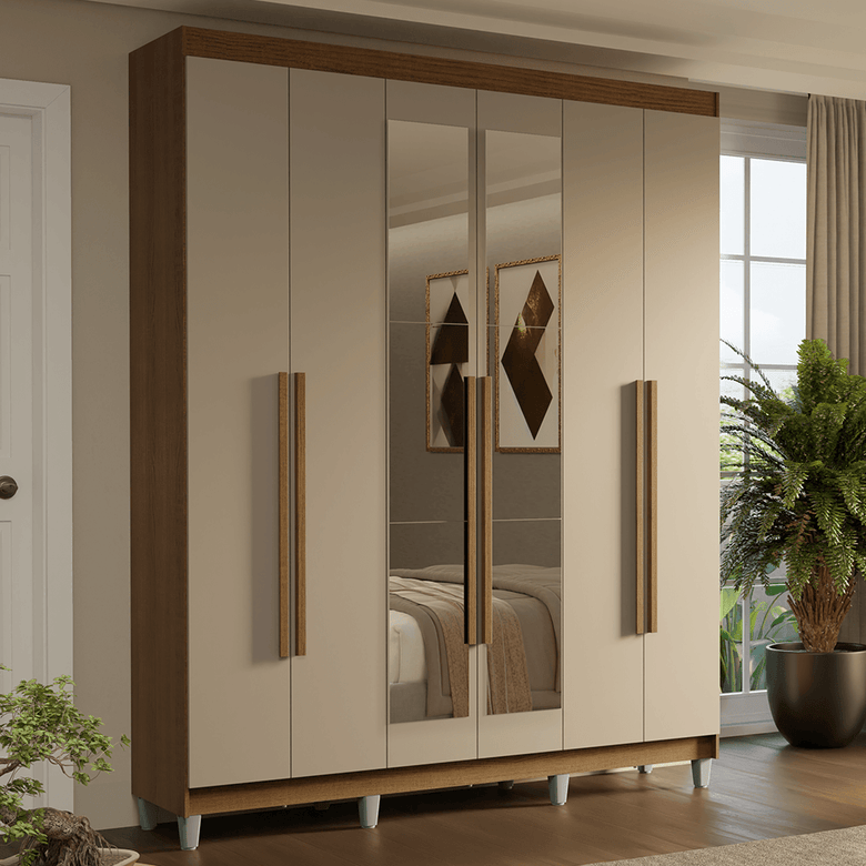 Guarda-Roupa Casal com Pés 6 Portas Batentes com Espelho Rustic/Crema/Rustic Saturno Madesa