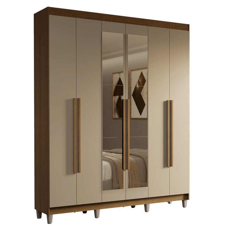 Guarda-Roupa Casal com Pés 6 Portas Batentes com Espelho Rustic/Crema/Rustic Saturno Madesa
