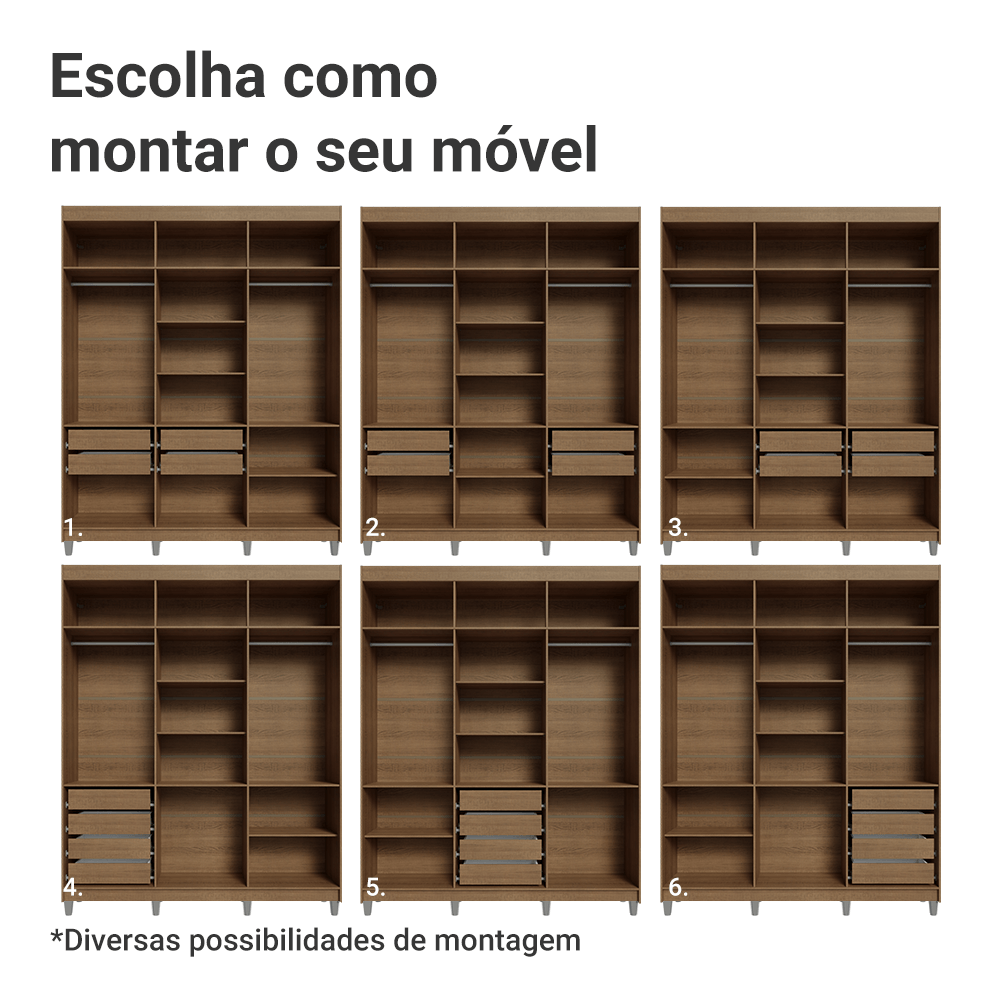 Guarda-Roupa Casal com Pés 6 Portas Batentes com Espelho Rustic/Crema/Rustic Saturno Madesa