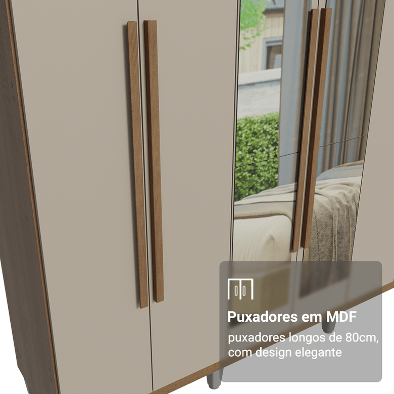 Guarda-Roupa Casal com Pés 6 Portas Batentes com Espelho Rustic/Crema/Rustic Saturno Madesa