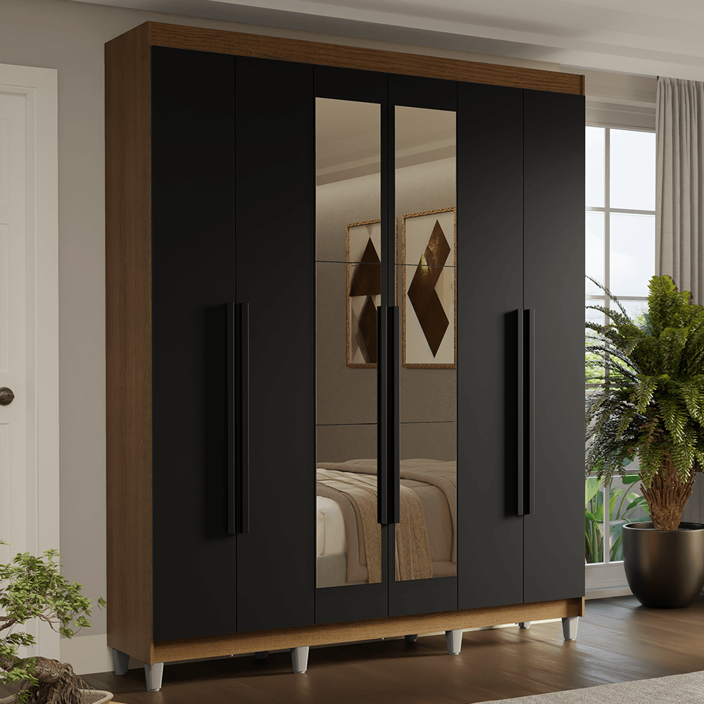 Guarda-Roupa Casal com Pés 6 Portas Batentes com Espelho Rustic/Preto/Preto Saturno Madesa - Rustic/Preto/Rustic