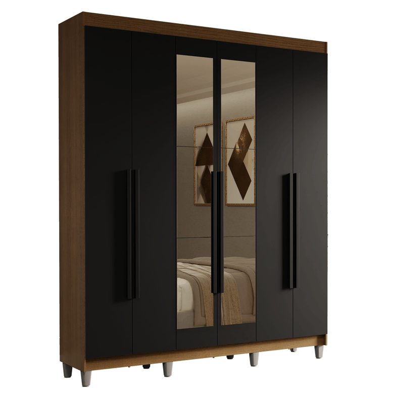 Guarda-Roupa Casal com Pés 6 Portas Batentes com Espelho Rustic/Preto/Preto Saturno Madesa