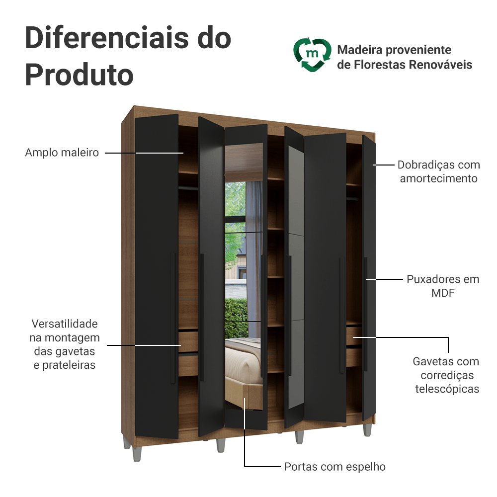 Guarda-Roupa Casal com Pés 6 Portas Batentes com Espelho Rustic/Preto/Preto Saturno Madesa