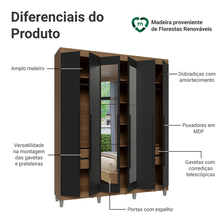 Guarda-Roupa Casal com Pés 6 Portas Batentes com Espelho Rustic/Preto/Preto Saturno Madesa