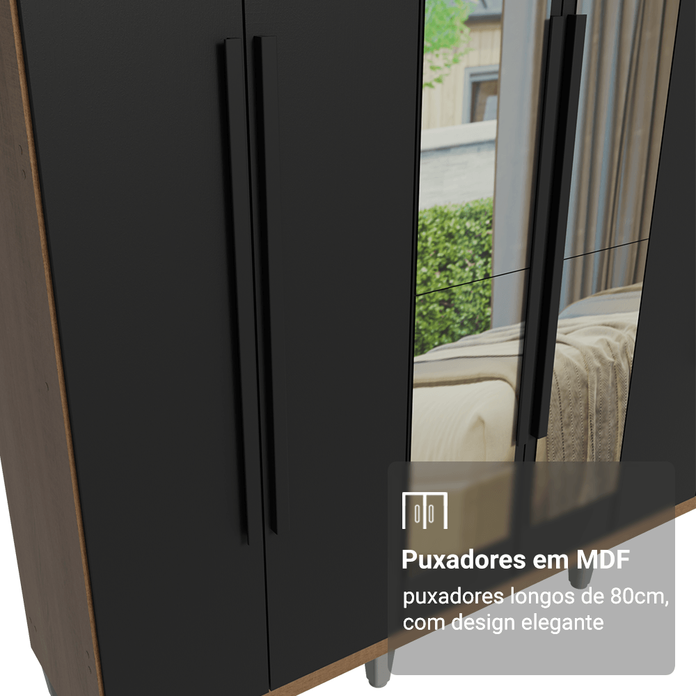 Guarda-Roupa Casal com Pés 6 Portas Batentes com Espelho Rustic/Preto/Preto Saturno Madesa