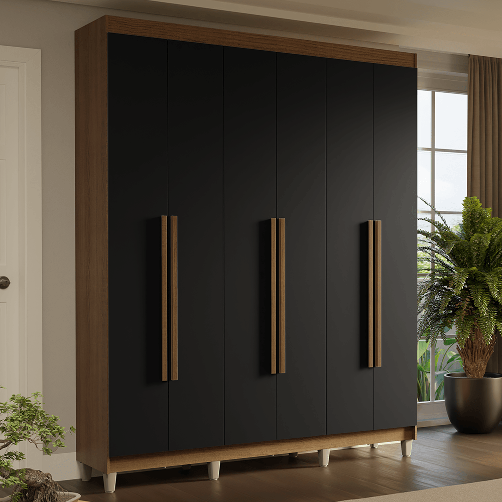 Guarda-Roupa Casal com Pés 6 Portas Batentes Rustic/Preto/Rustic Saturno Madesa - Rustic/Preto/Rustic