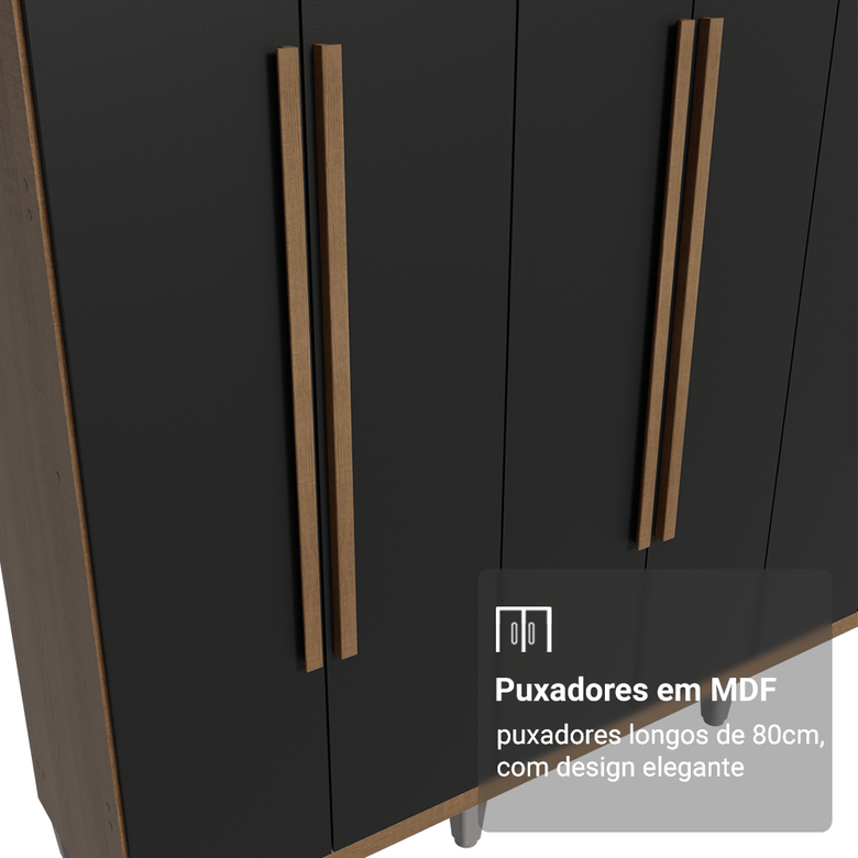Guarda-Roupa Casal com Pés 6 Portas Batentes Rustic/Preto/Rustic Saturno Madesa