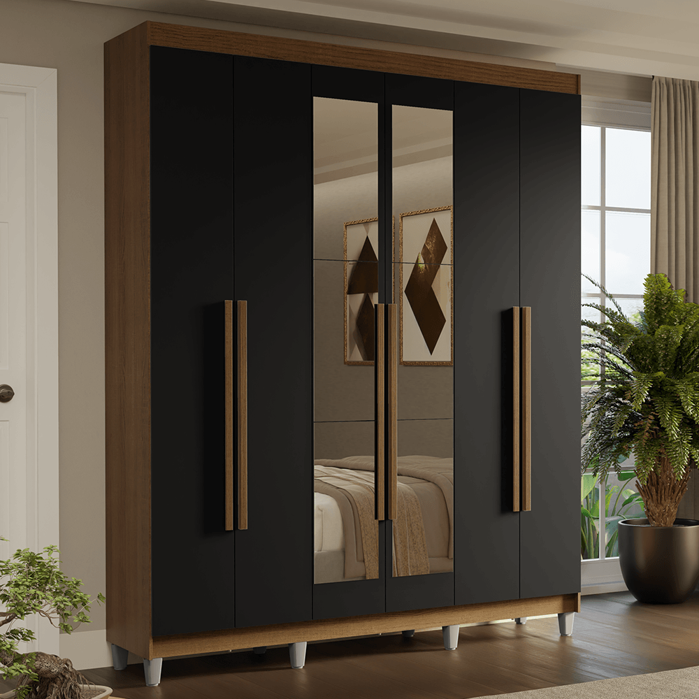 Guarda-Roupa Casal com Pés 6 Portas Batentes com Espelho Rustic/Preto/Rustic Saturno Madesa - Branco/Branco/Preto