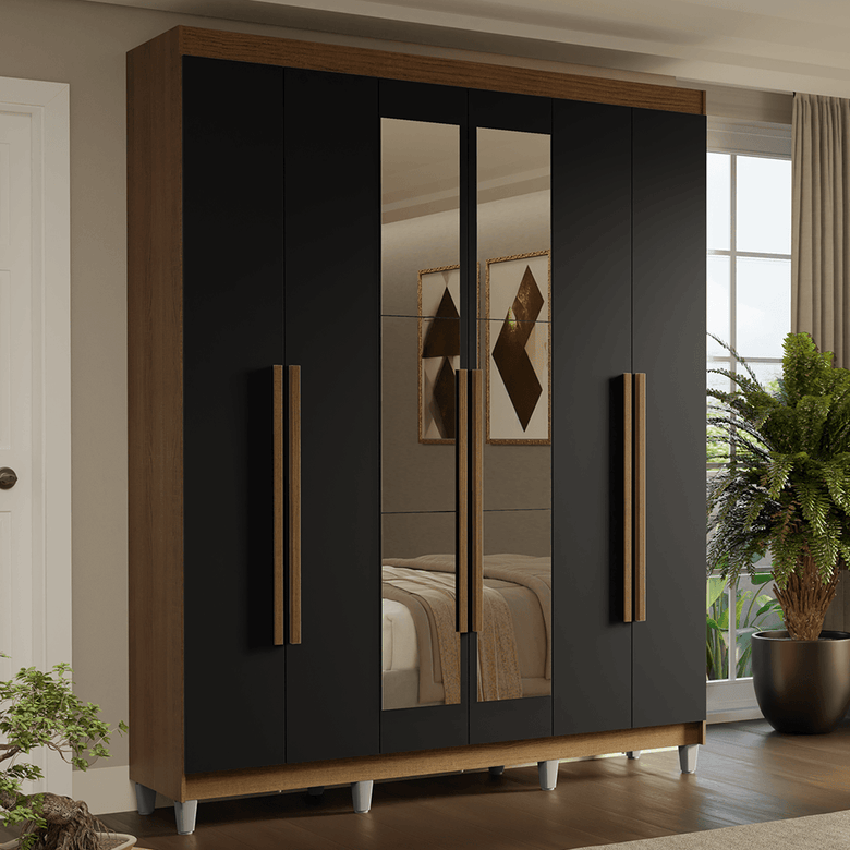 Guarda-Roupa Casal com Pés 6 Portas Batentes com Espelho Rustic/Preto/Rustic Saturno Madesa