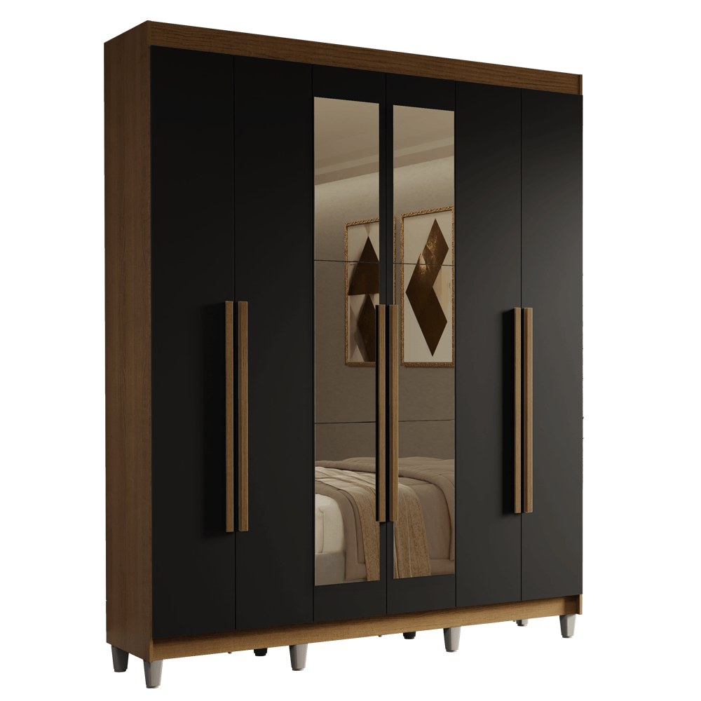 Guarda-Roupa Casal com Pés 6 Portas Batentes com Espelho Rustic/Preto/Rustic Saturno Madesa - Branco/Branco/Preto