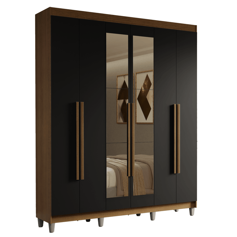 Guarda-Roupa Casal com Pés 6 Portas Batentes com Espelho Rustic/Preto/Rustic Saturno Madesa