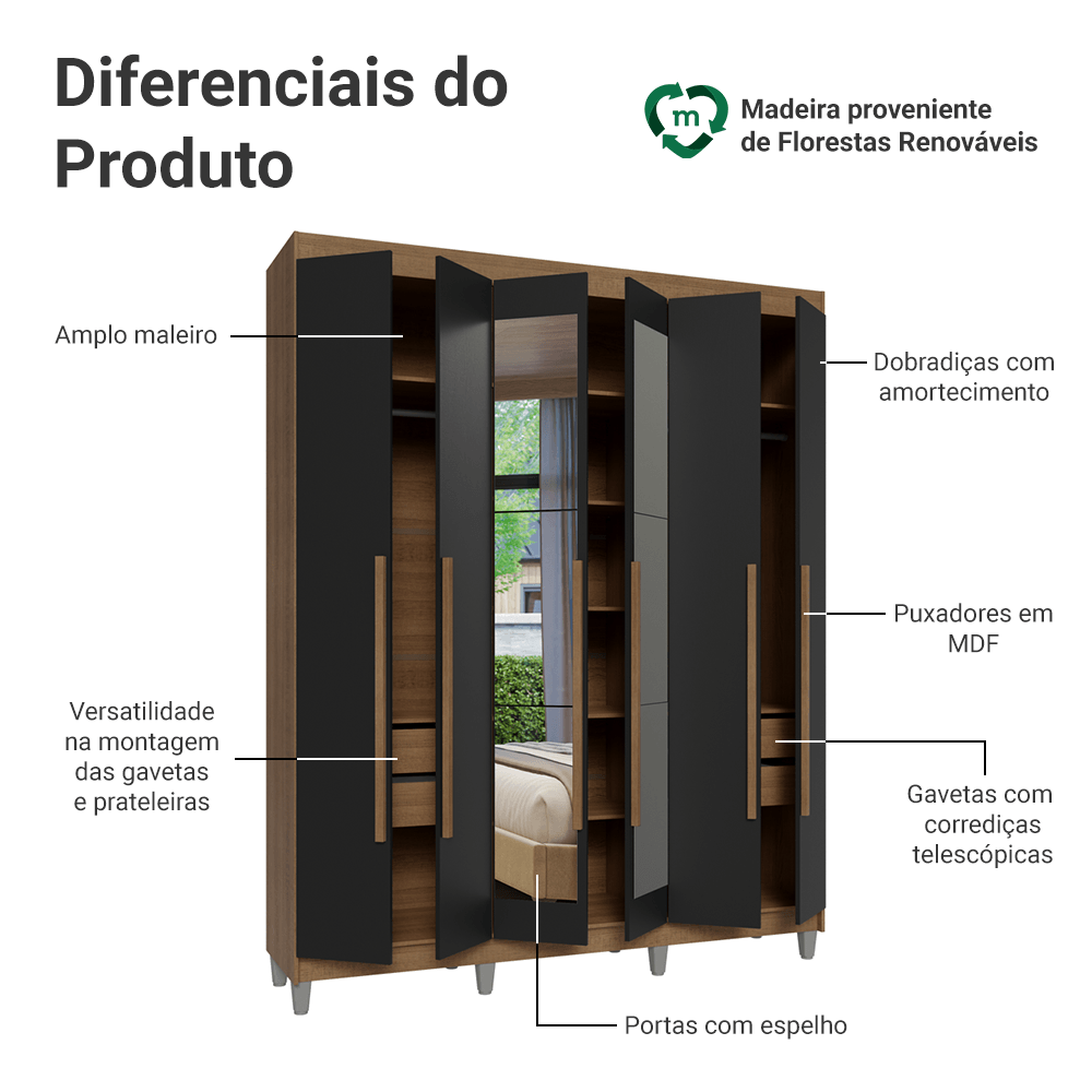 Guarda-Roupa Casal com Pés 6 Portas Batentes com Espelho Rustic/Preto/Rustic Saturno Madesa