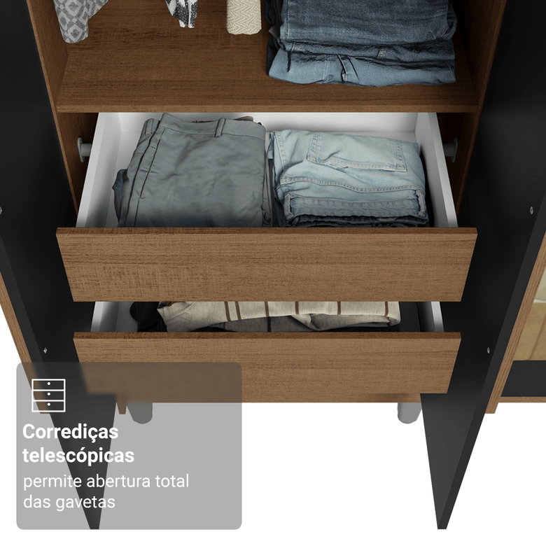 Guarda-Roupa Casal com Pés 6 Portas Batentes com Espelho Rustic/Preto/Rustic Saturno Madesa