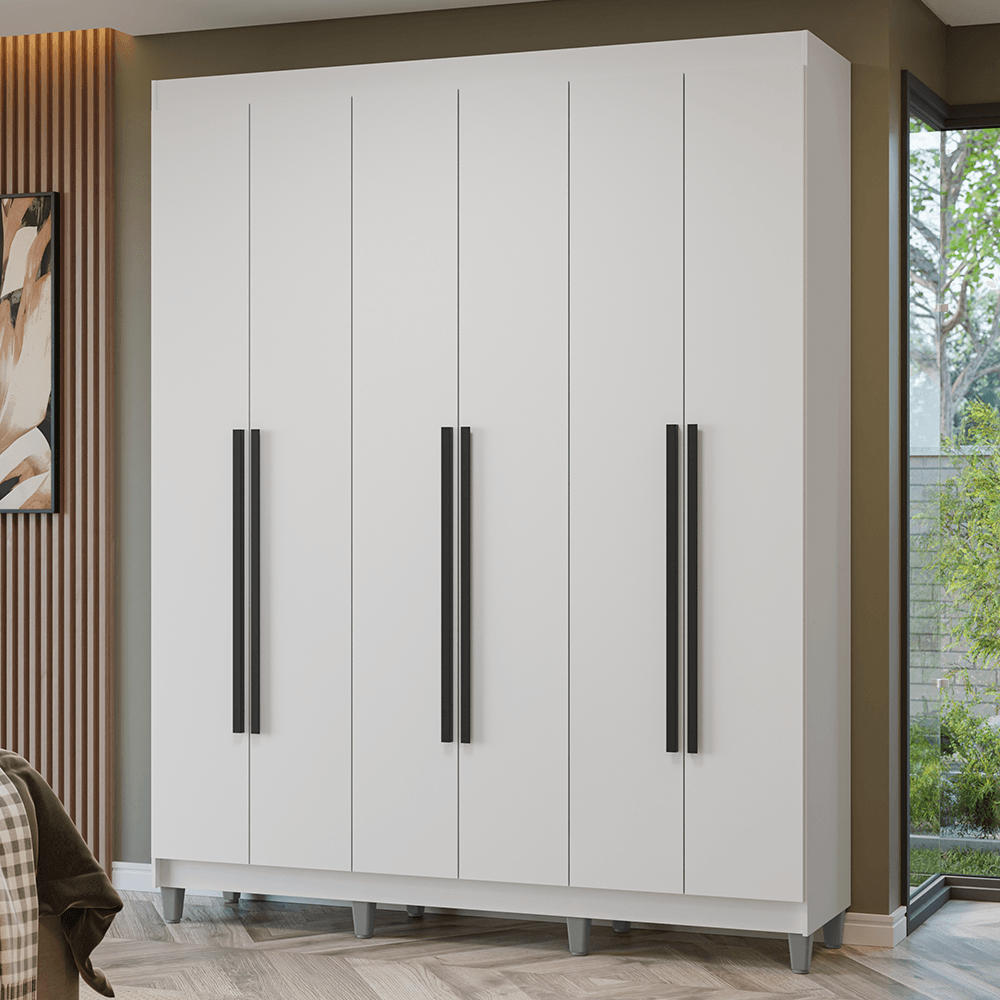 Guarda-Roupa Casal com Pés 6 Portas Batentes Branco/Branco/Preto Netuno Madesa - Branco/Branco/Preto