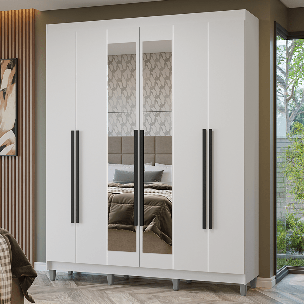 Guarda-Roupa Casal com Pés 6 Portas Batentes com Espelho Branco/Branco/Preto Netuno Madesa - Branco/Branco/Rustic