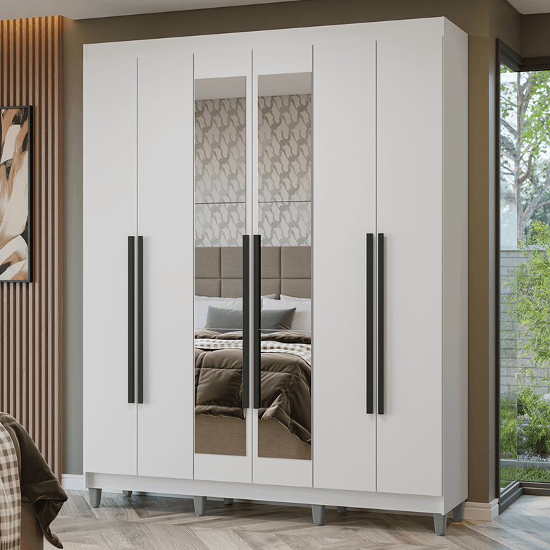 Guarda-Roupa Casal com Pés 6 Portas Batentes com Espelho Branco/Branco/Preto Netuno Madesa