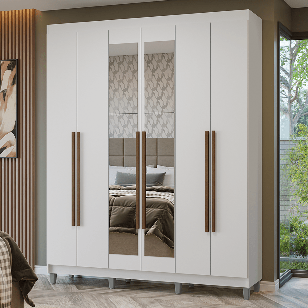Guarda-Roupa Casal com Pés 6 Portas Batentes com Espelho Branco/Branco/Rustic Netuno Madesa - Branco/Preto/Preto
