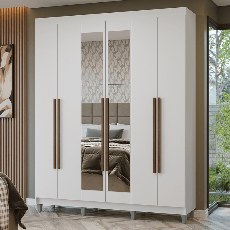 Guarda-Roupa Casal com Pés 6 Portas Batentes com Espelho Branco/Branco/Rustic Netuno Madesa