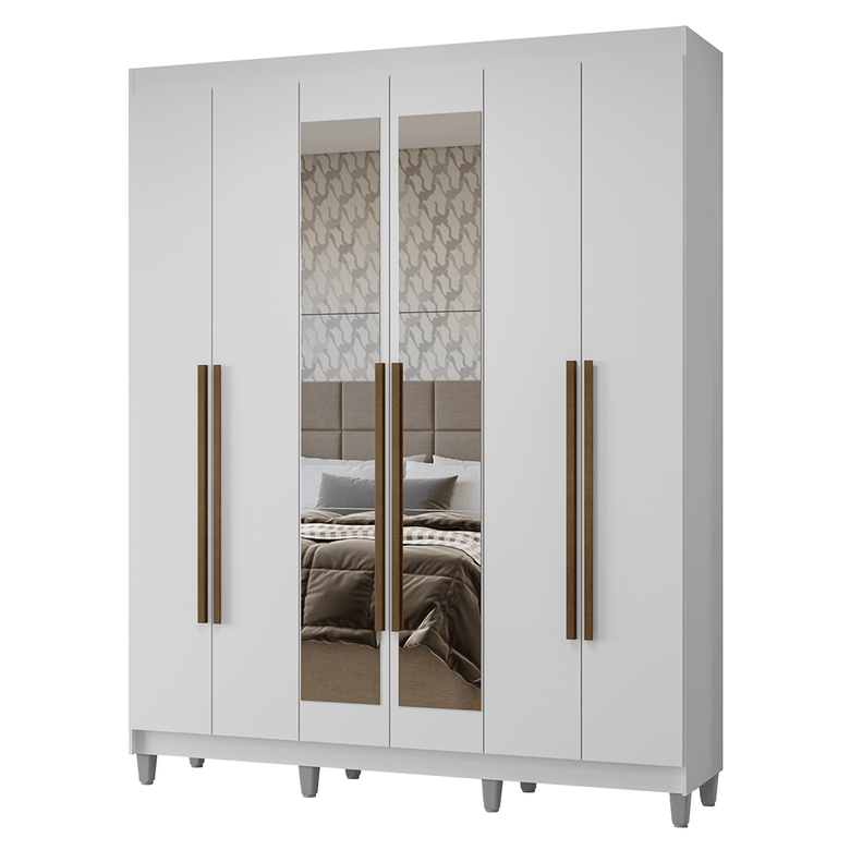 Guarda-Roupa Casal com Pés 6 Portas Batentes com Espelho Branco/Branco/Rustic Netuno Madesa