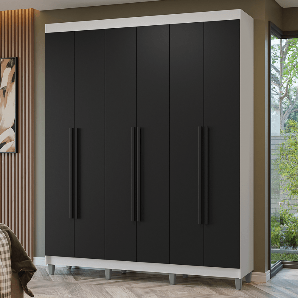 Guarda-Roupa Casal com Pés 6 Portas Batentes Branco/Preto/Preto Netuno Madesa - Branco/Preto/Preto