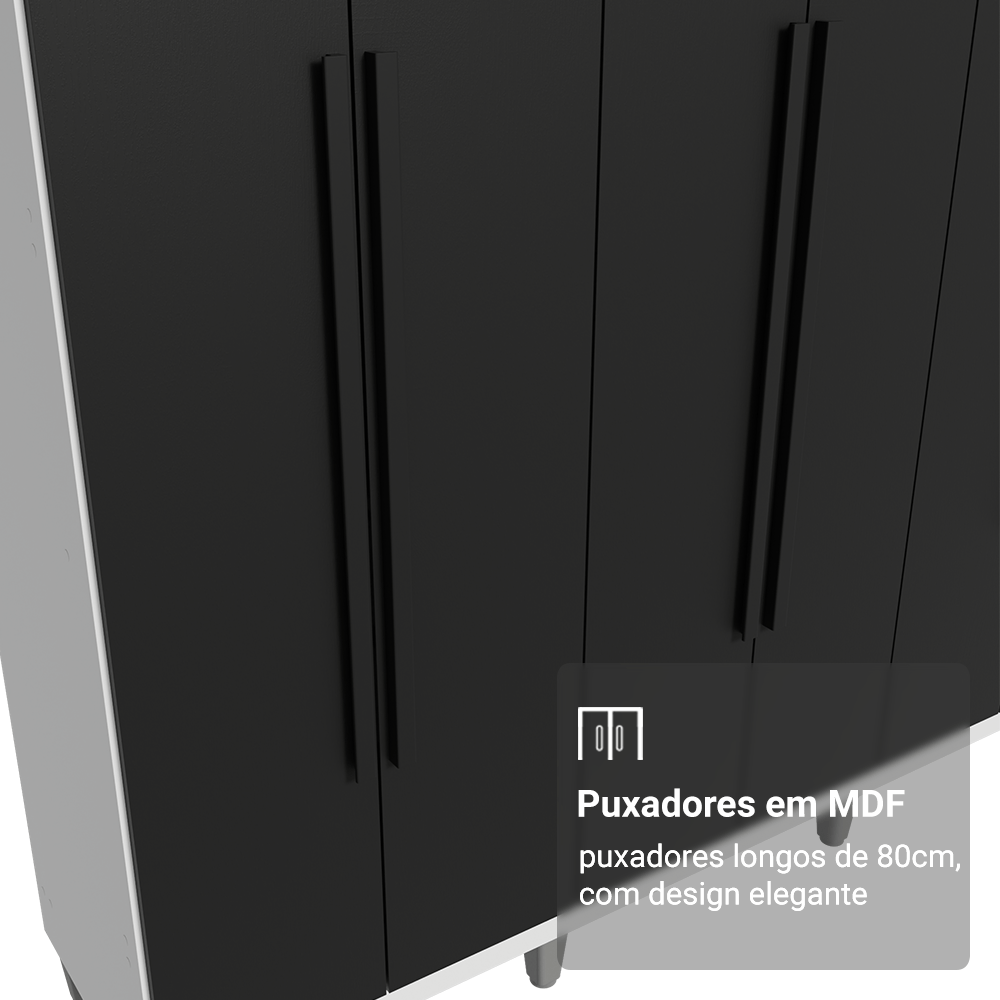 Guarda-Roupa Casal com Pés 6 Portas Batentes Branco/Preto/Preto Netuno Madesa