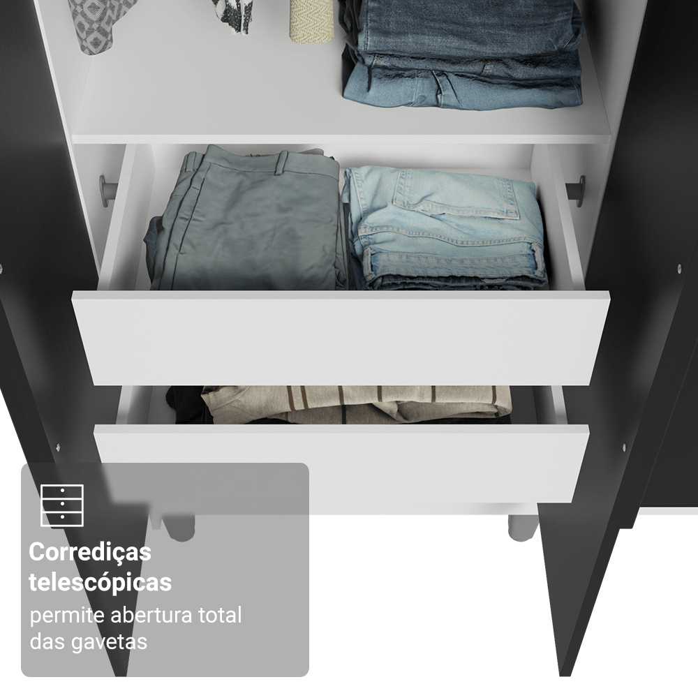Guarda-Roupa Casal com Pés 6 Portas Batentes Branco/Preto/Preto Netuno Madesa